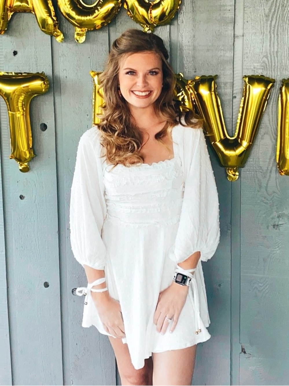White Smocked Mini Dress with Balloon Sleeves
